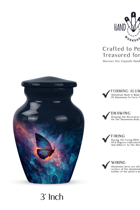 Twilight Blue Butterfly Cremation Urn close-up of engraving and surface detail - elegant classic butterfly relief with fine detailing - mini keepsake memorial for portion of cremation ashes