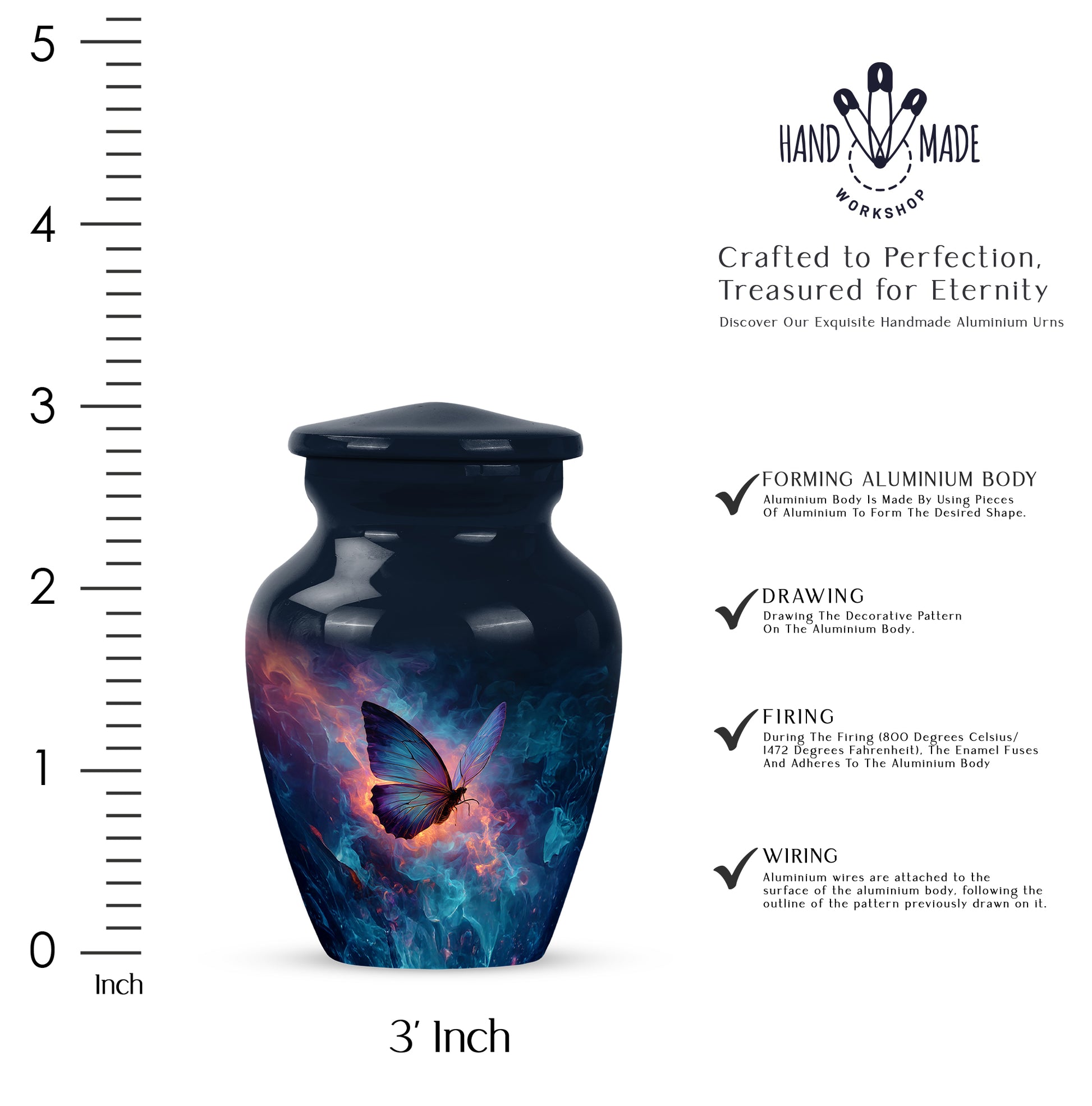 Twilight Blue Butterfly Cremation Urn close-up of engraving and surface detail - elegant classic butterfly relief with fine detailing - mini keepsake memorial for portion of cremation ashes