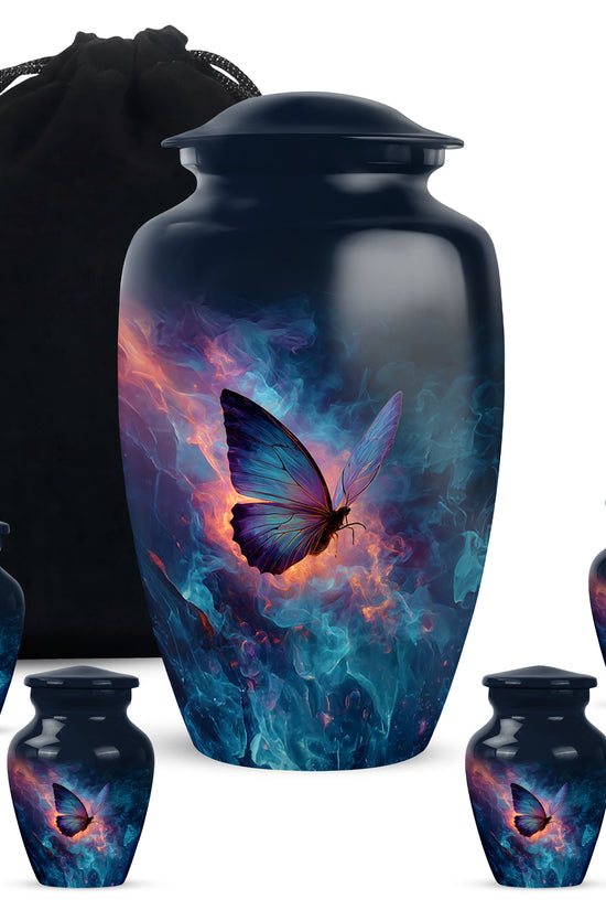 Powder Blue Butterfly Cremation Urn top-down view of secure threaded lid - classic sculpted butterfly pattern on smooth aluminum - memorial set with one large and four small urns