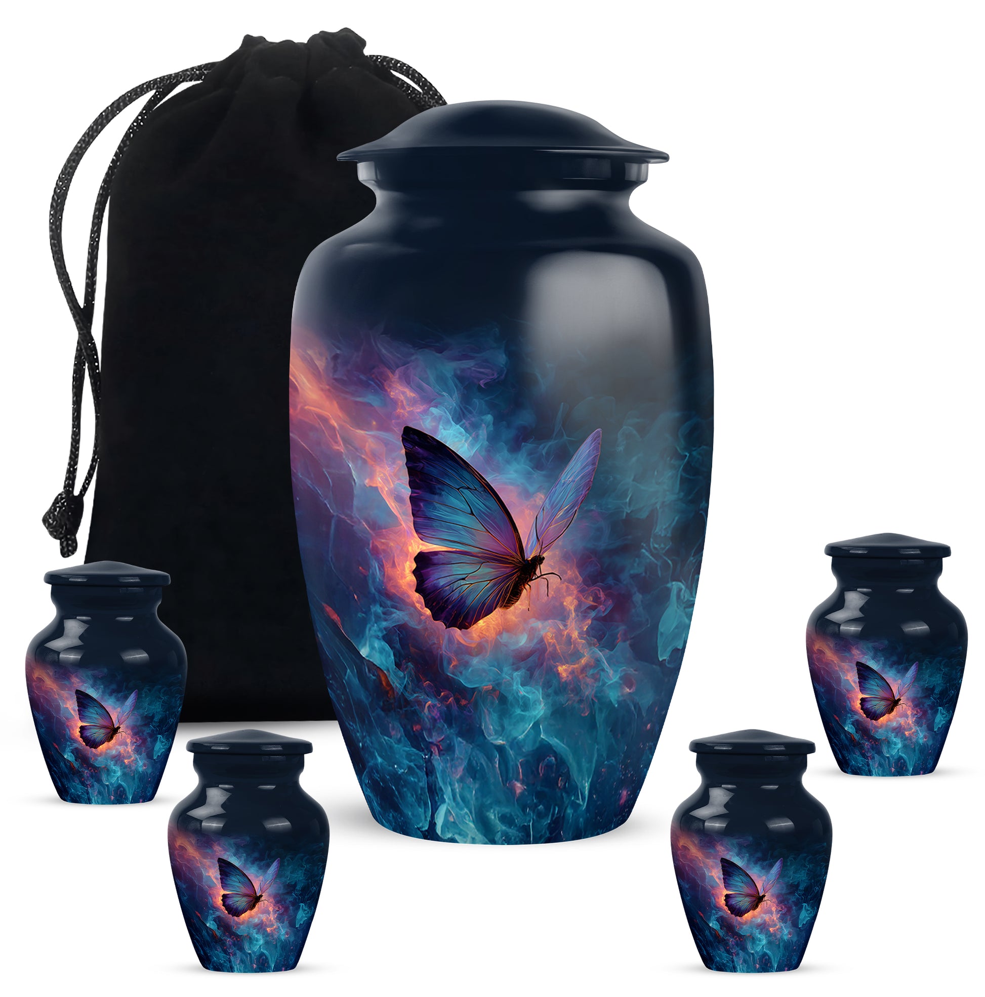 Powder Blue Butterfly Cremation Urn top-down view of secure threaded lid - classic sculpted butterfly pattern on smooth aluminum - memorial set with one large and four small urns