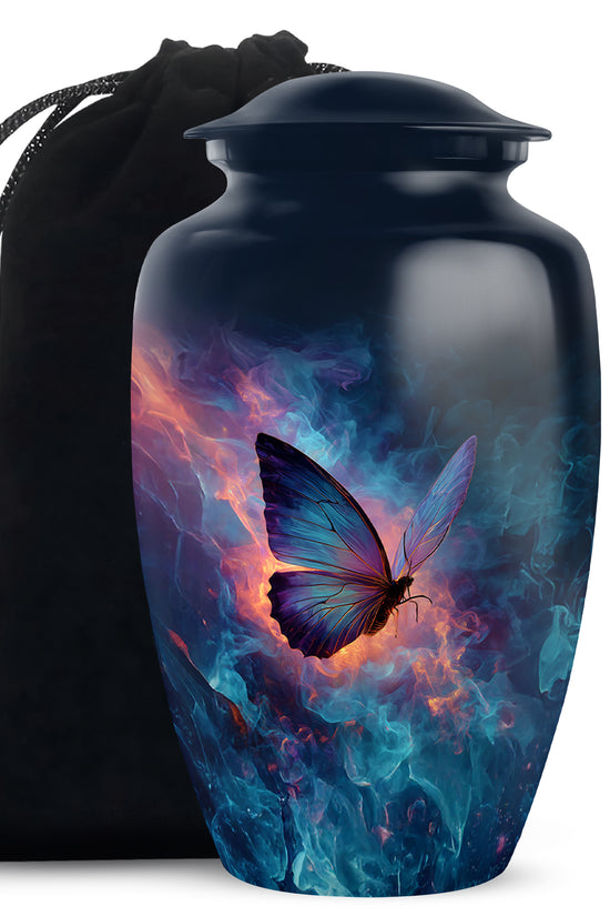 Icy Blue Butterfly Cremation Urn angled view of lid and engraved motif - timeless butterfly motif etched into premium metal - full-size 10 inch 200 cubic inch adult cremation urn