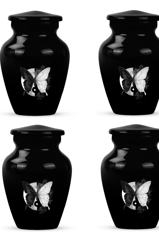 Ebony Butterfly Cremation Urn side profile showing urn shape - timeless butterfly motif etched into premium metal - 10 inch aluminum urn for cremated remains