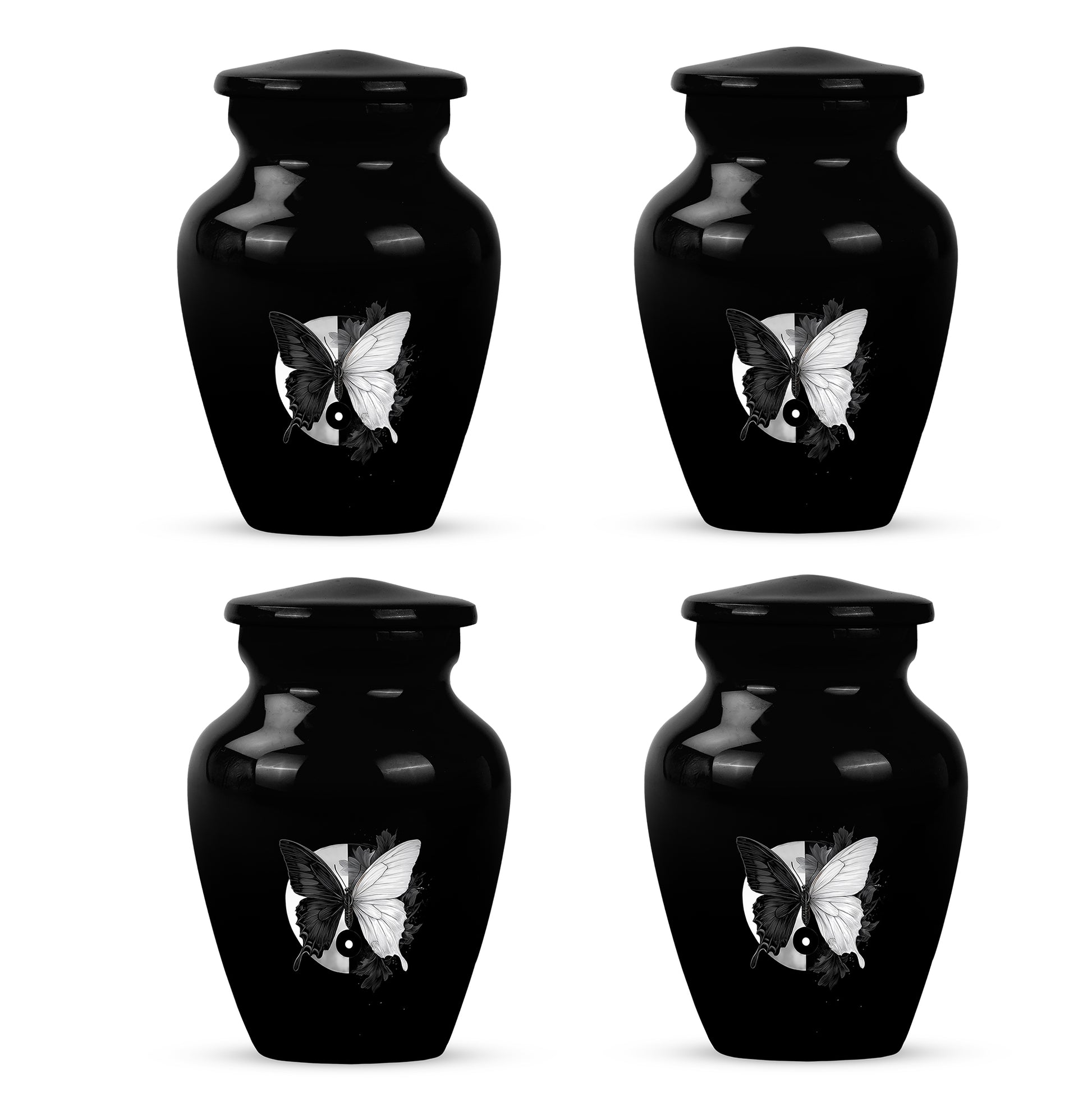Ebony Butterfly Cremation Urn side profile showing urn shape - timeless butterfly motif etched into premium metal - 10 inch aluminum urn for cremated remains