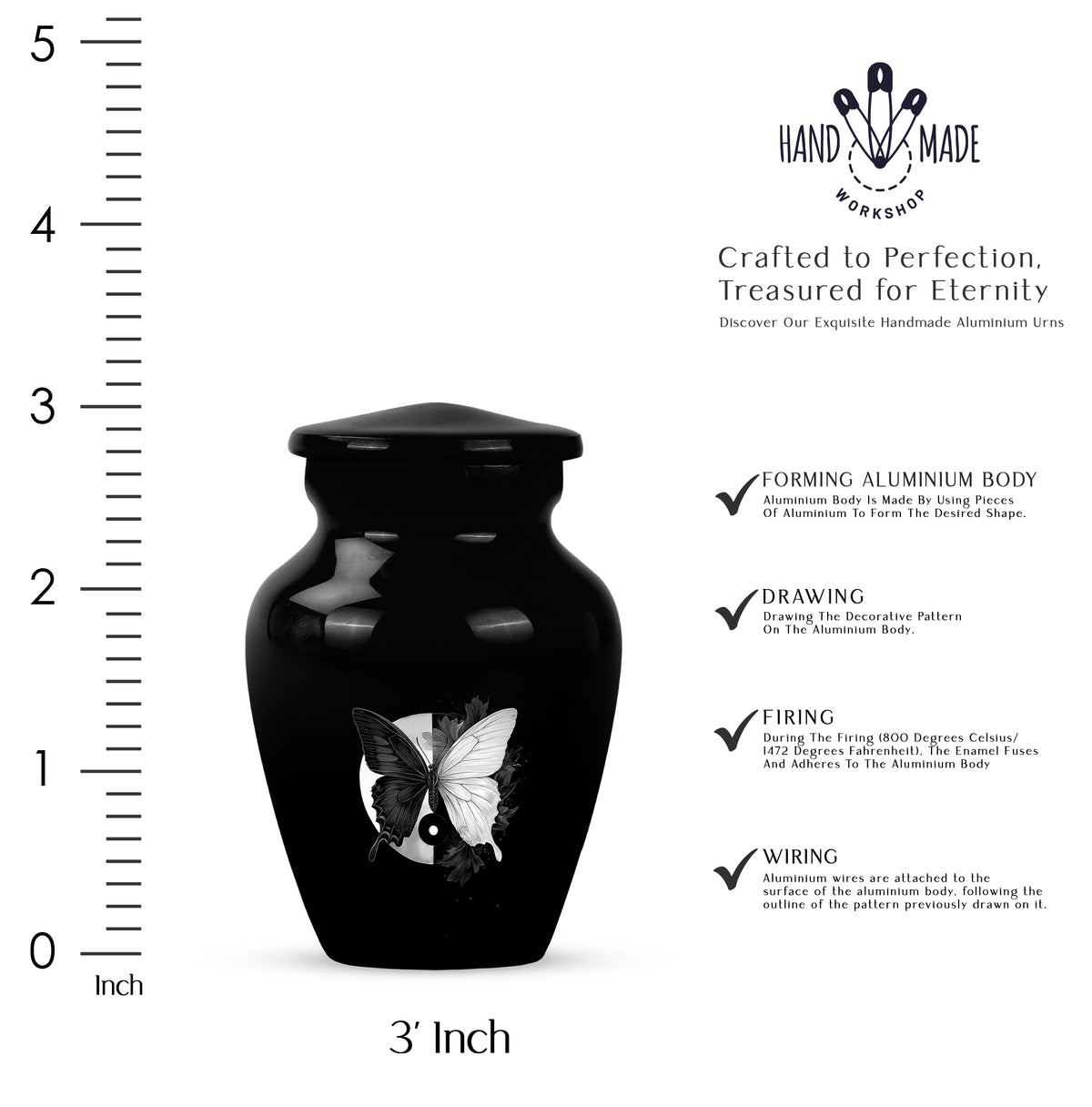 Glossy Black Butterfly Cremation Urn close-up of engraving and surface detail - classic sculpted butterfly pattern on smooth aluminum - mini keepsake memorial for portion of cremation ashes