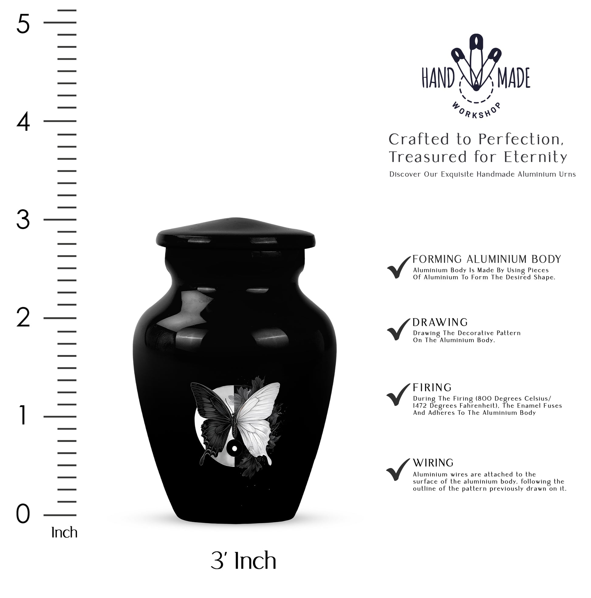 Glossy Black Butterfly Cremation Urn close-up of engraving and surface detail - classic sculpted butterfly pattern on smooth aluminum - mini keepsake memorial for portion of cremation ashes