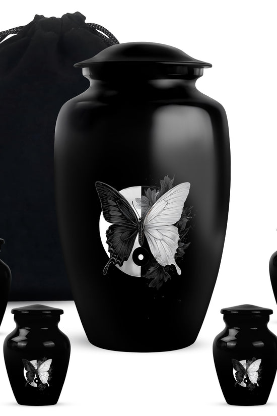 Midnight Black Butterfly Cremation Urn top-down view of secure threaded lid - traditional butterfly engraving with hand-polished finish - memorial set with one large and four small urns