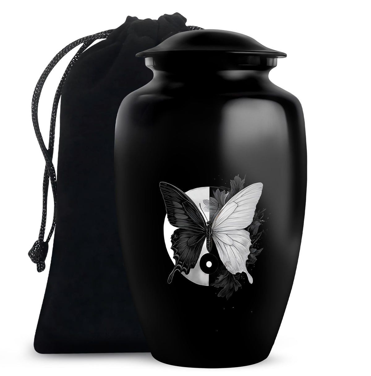 Deep Black Butterfly Cremation Urn angled view of lid and engraved motif - timeless butterfly motif etched into premium metal - full-size 10 inch 200 cubic inch adult cremation urn