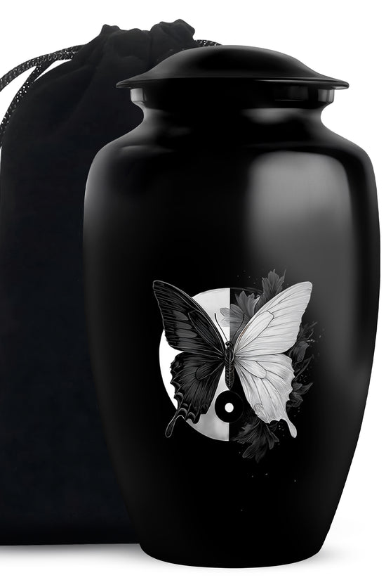 Deep Black Butterfly Cremation Urn angled view of lid and engraved motif - timeless butterfly motif etched into premium metal - full-size 10 inch 200 cubic inch adult cremation urn