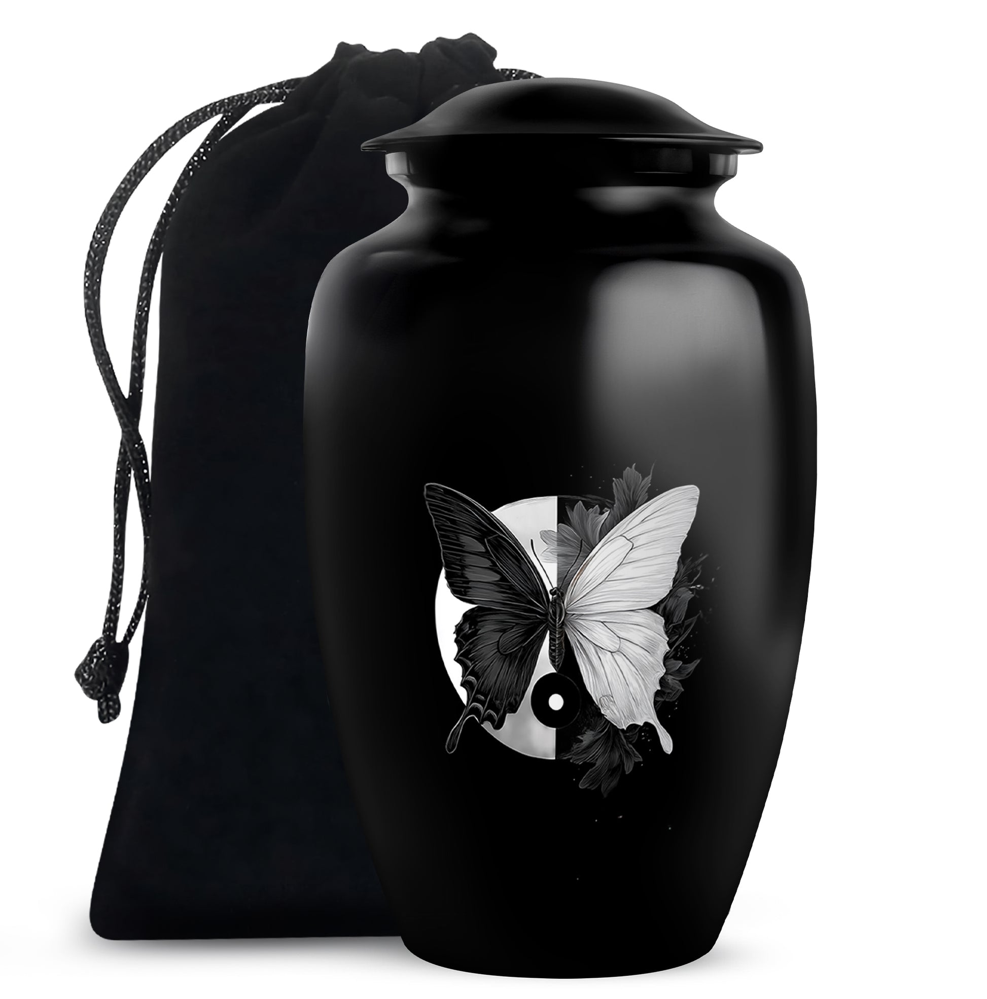 Deep Black Butterfly Cremation Urn angled view of lid and engraved motif - timeless butterfly motif etched into premium metal - full-size 10 inch 200 cubic inch adult cremation urn