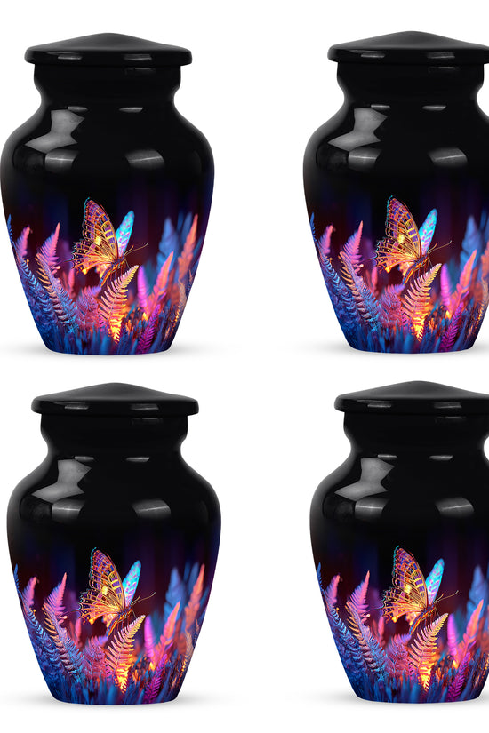 Jet Black Butterfly Cremation Urn side profile showing urn shape - timeless butterfly motif etched into premium metal - 10 inch aluminum urn for cremated remains