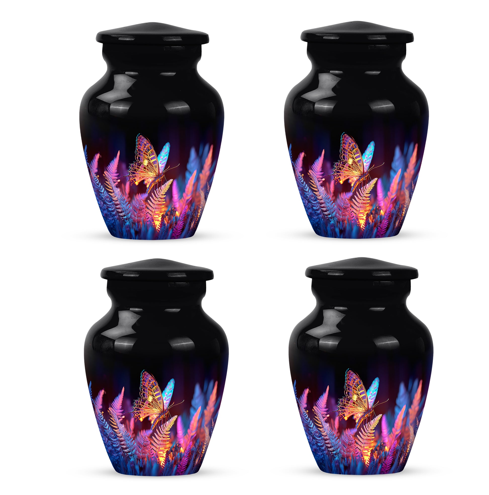 Jet Black Butterfly Cremation Urn side profile showing urn shape - timeless butterfly motif etched into premium metal - 10 inch aluminum urn for cremated remains