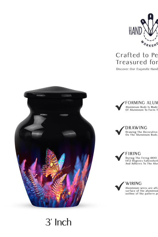 Onyx Black Butterfly Cremation Urn close-up of engraving and surface detail - traditional butterfly engraving with hand-polished finish - mini keepsake memorial for portion of cremation ashes