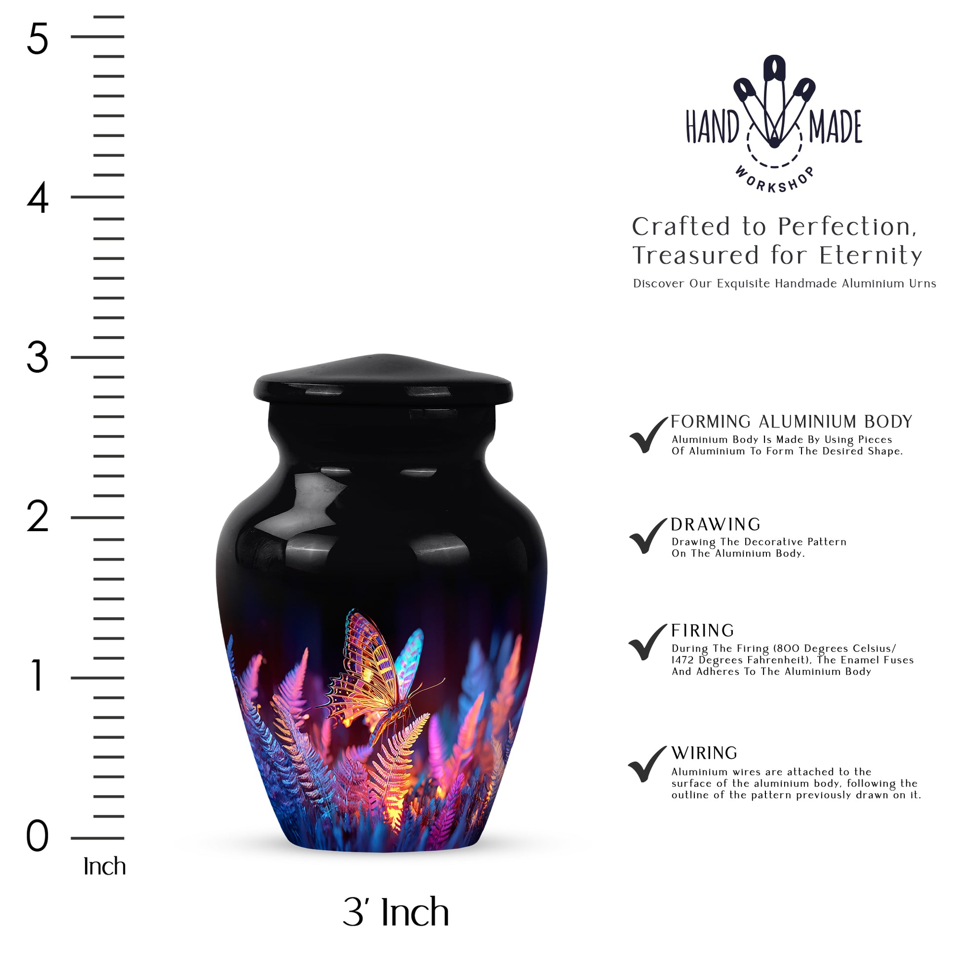 Onyx Black Butterfly Cremation Urn close-up of engraving and surface detail - traditional butterfly engraving with hand-polished finish - mini keepsake memorial for portion of cremation ashes