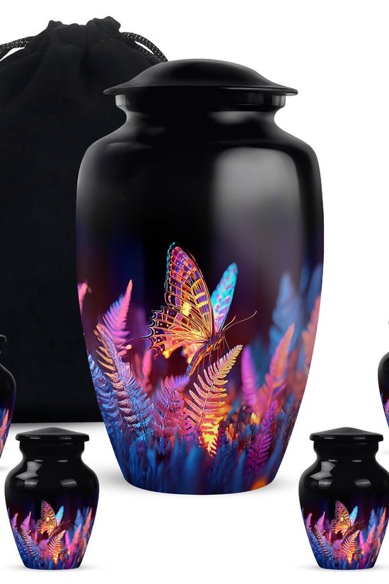 Jet Black Butterfly Cremation Urn top-down view of secure threaded lid - classic sculpted butterfly pattern on smooth aluminum - memorial set with one large and four small urns