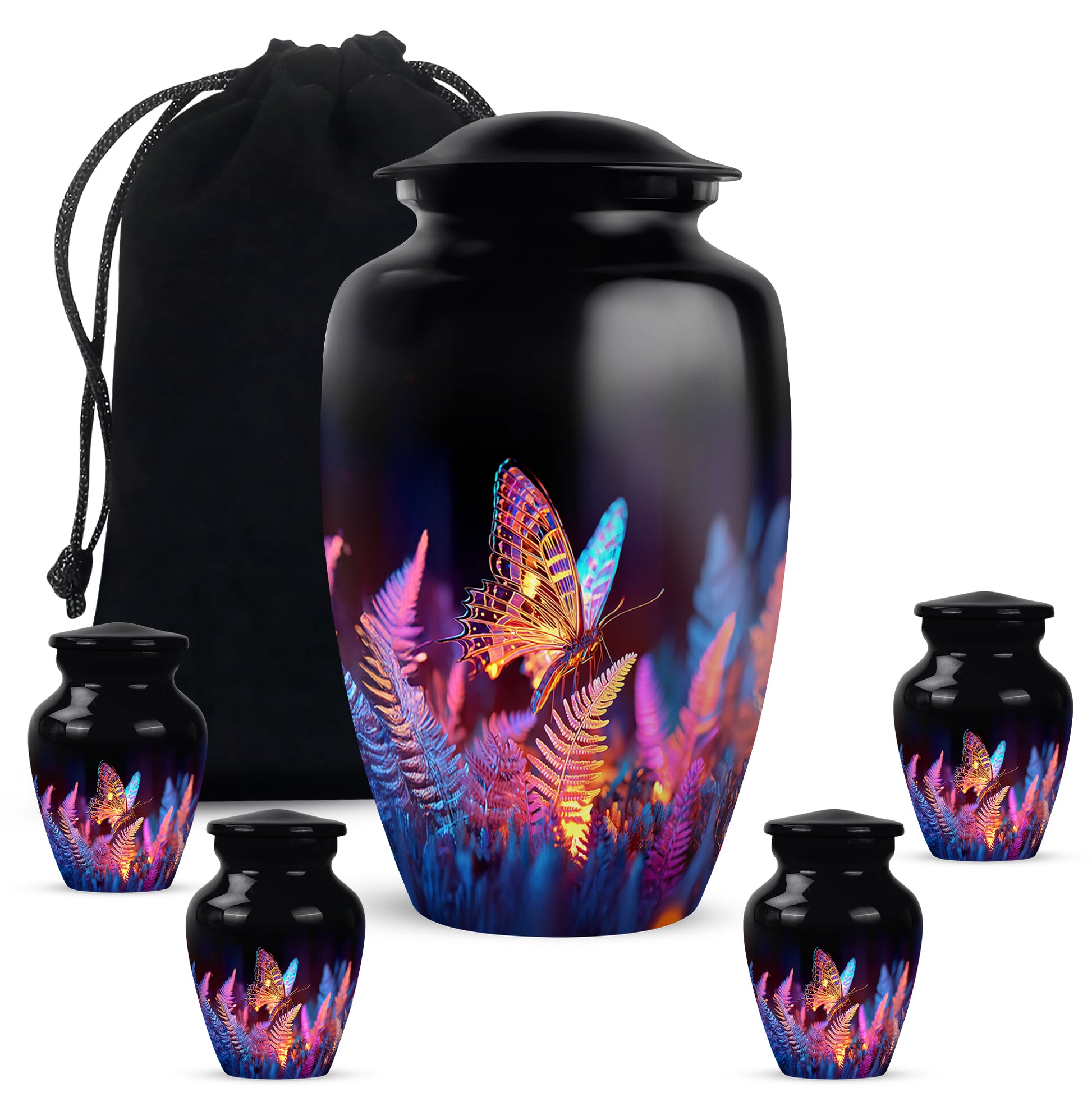 Jet Black Butterfly Cremation Urn top-down view of secure threaded lid - classic sculpted butterfly pattern on smooth aluminum - memorial set with one large and four small urns