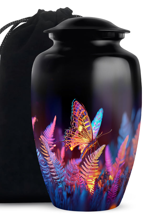 Glossy Black Butterfly Cremation Urn angled view of lid and engraved motif - timeless butterfly motif etched into premium metal - full-size 10 inch 200 cubic inch adult cremation urn