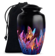 Glossy Black Butterfly Cremation Urn angled view of lid and engraved motif - timeless butterfly motif etched into premium metal - full-size 10 inch 200 cubic inch adult cremation urn