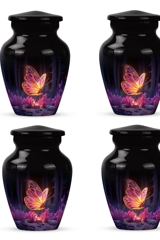 Midnight Black Butterfly Cremation Urn side profile showing urn shape - traditional butterfly engraving with hand-polished finish - 10 inch aluminum urn for cremated remains