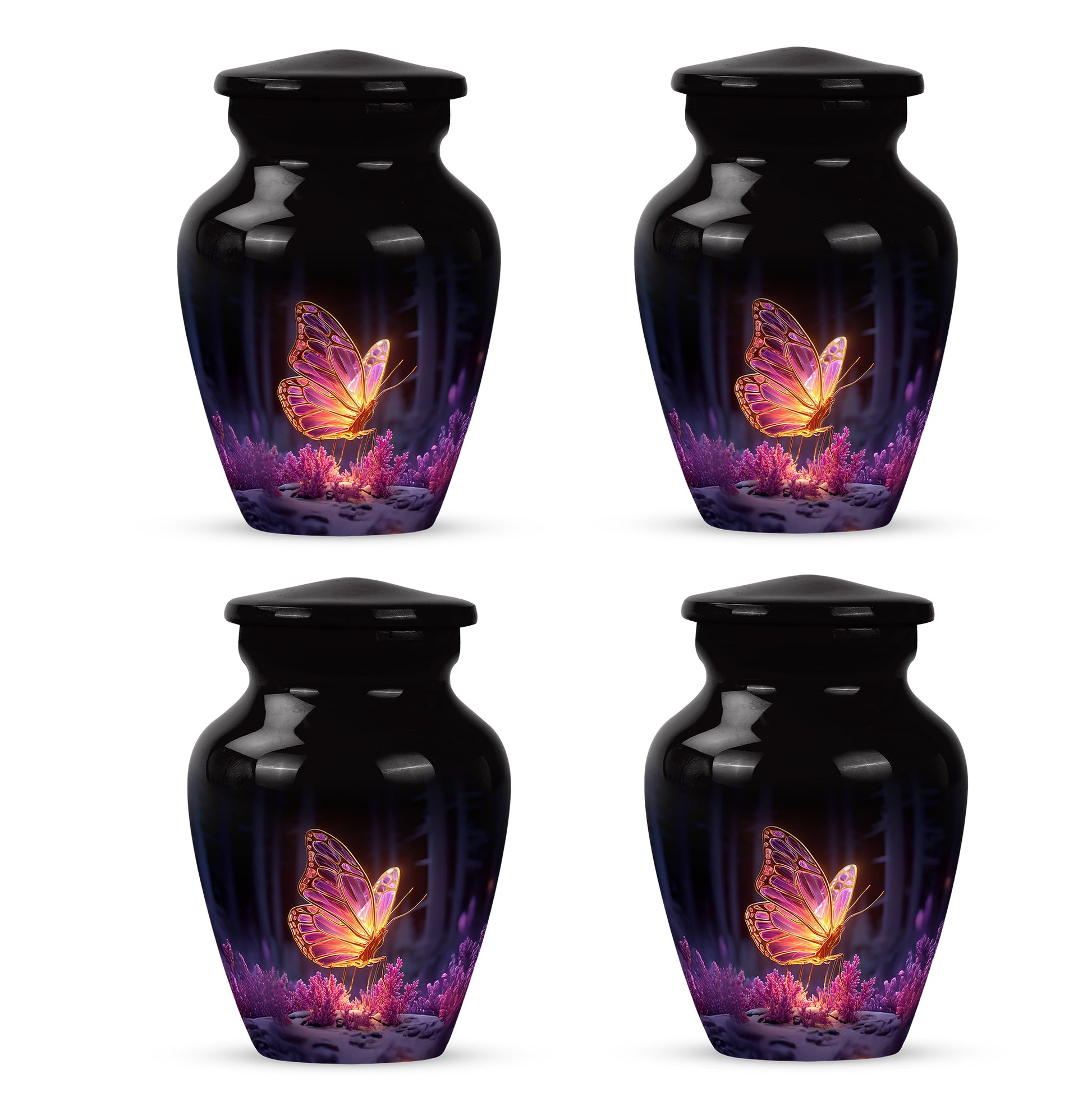 Midnight Black Butterfly Cremation Urn side profile showing urn shape - traditional butterfly engraving with hand-polished finish - 10 inch aluminum urn for cremated remains