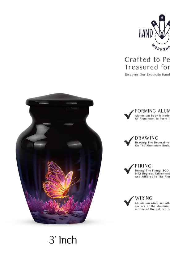 Glossy Black Butterfly Cremation Urn close-up of engraving and surface detail - timeless butterfly motif etched into premium metal - mini keepsake memorial for portion of cremation ashes