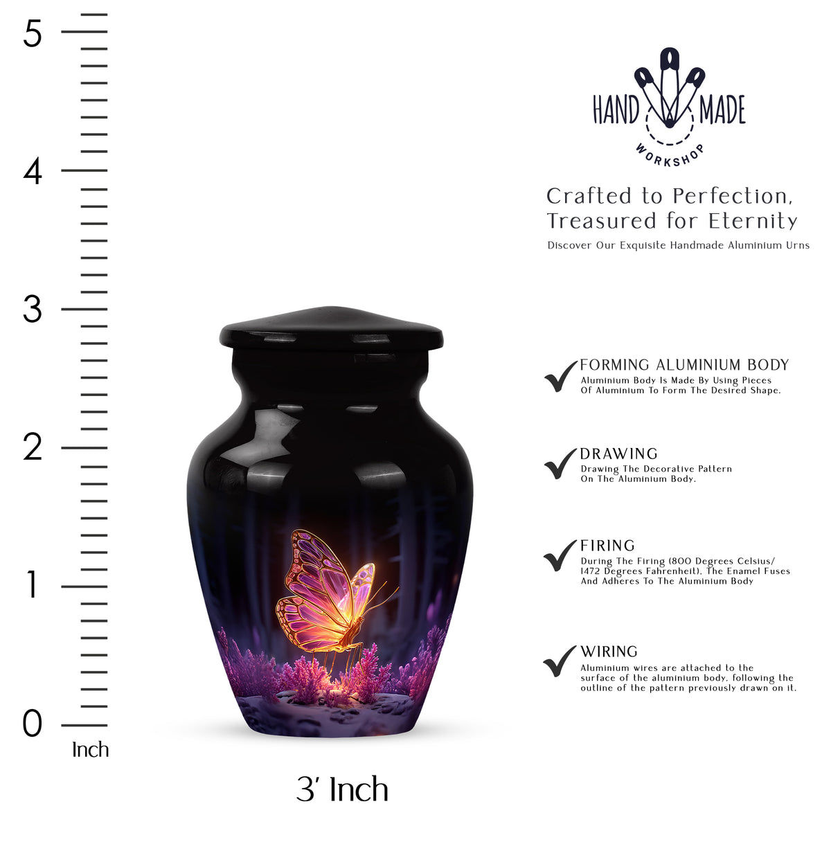 Glossy Black Butterfly Cremation Urn close-up of engraving and surface detail - timeless butterfly motif etched into premium metal - mini keepsake memorial for portion of cremation ashes