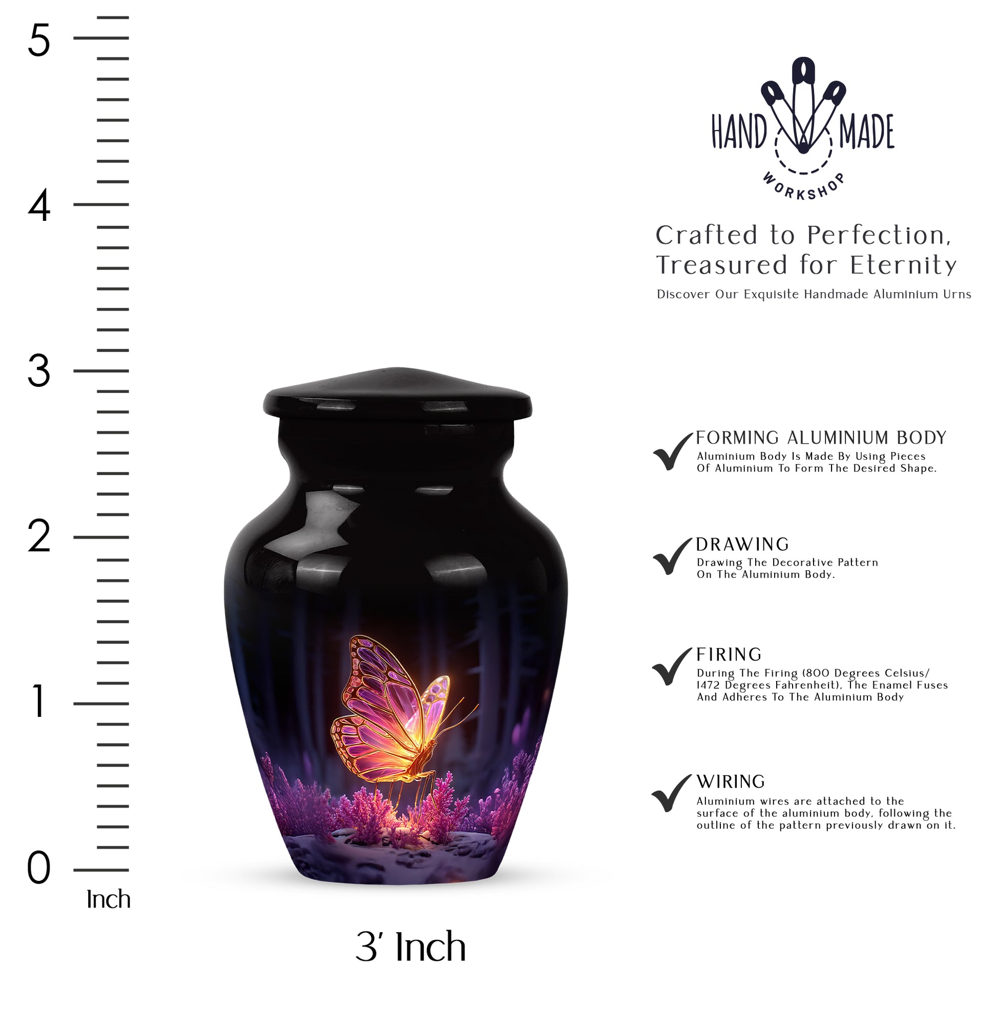 Glossy Black Butterfly Cremation Urn close-up of engraving and surface detail - timeless butterfly motif etched into premium metal - mini keepsake memorial for portion of cremation ashes