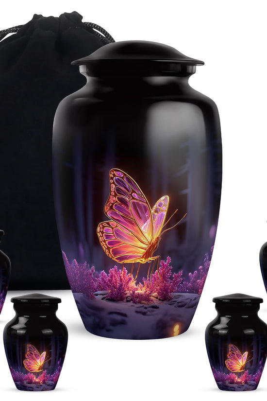 Obsidian Black Butterfly Cremation Urn top-down view of secure threaded lid - traditional butterfly engraving with hand-polished finish - memorial set with one large and four small urns