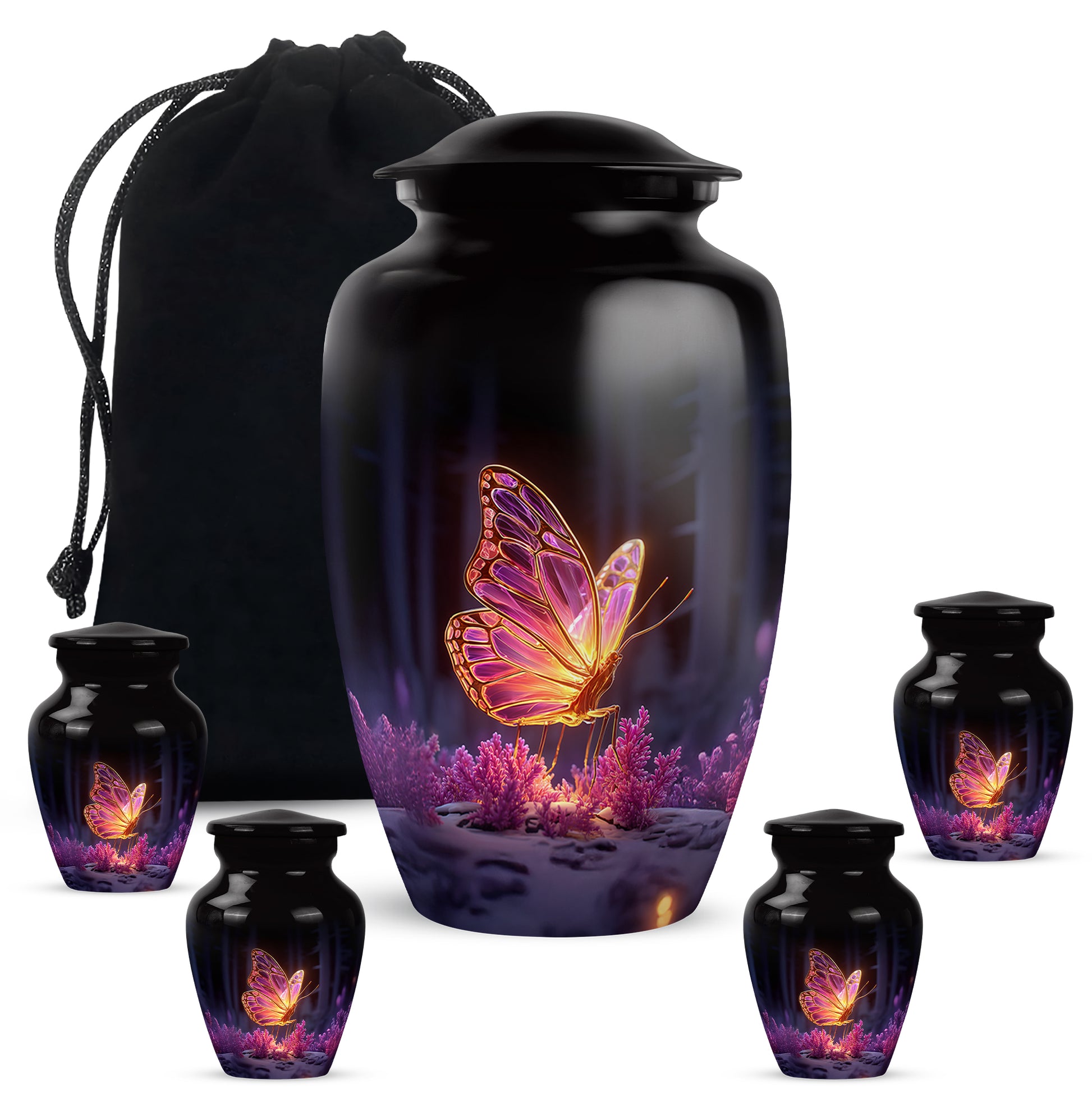 Obsidian Black Butterfly Cremation Urn top-down view of secure threaded lid - traditional butterfly engraving with hand-polished finish - memorial set with one large and four small urns