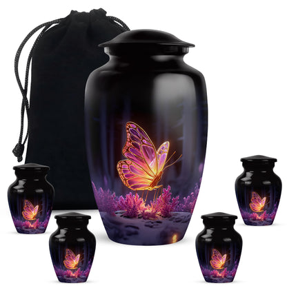 Obsidian Black Butterfly Cremation Urn top-down view of secure threaded lid - traditional butterfly engraving with hand-polished finish - memorial set with one large and four small urns