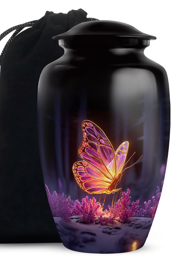 Dark Black Butterfly Cremation Urn angled view of lid and engraved motif - traditional butterfly engraving with hand-polished finish - full-size 10 inch 200 cubic inch adult cremation urn