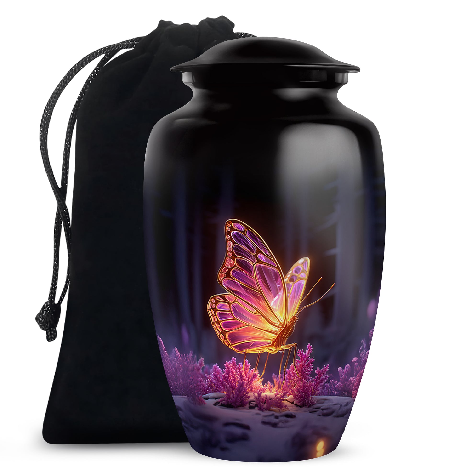 Dark Black Butterfly Cremation Urn angled view of lid and engraved motif - traditional butterfly engraving with hand-polished finish - full-size 10 inch 200 cubic inch adult cremation urn