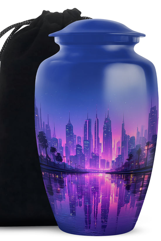 Elegant Blue Cityscape Urn - Unique Decorative Urns For Human Ashes
