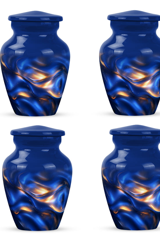 Navy Blue Blue Cremation Urn side profile showing urn shape - timeless blue motif etched into premium metal - 10 inch aluminum urn for cremated remains