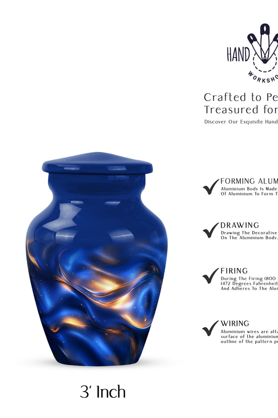 Celestial Blue Blue Cremation Urn close-up of engraving and surface detail - timeless blue motif etched into premium metal - mini keepsake memorial for portion of cremation ashes