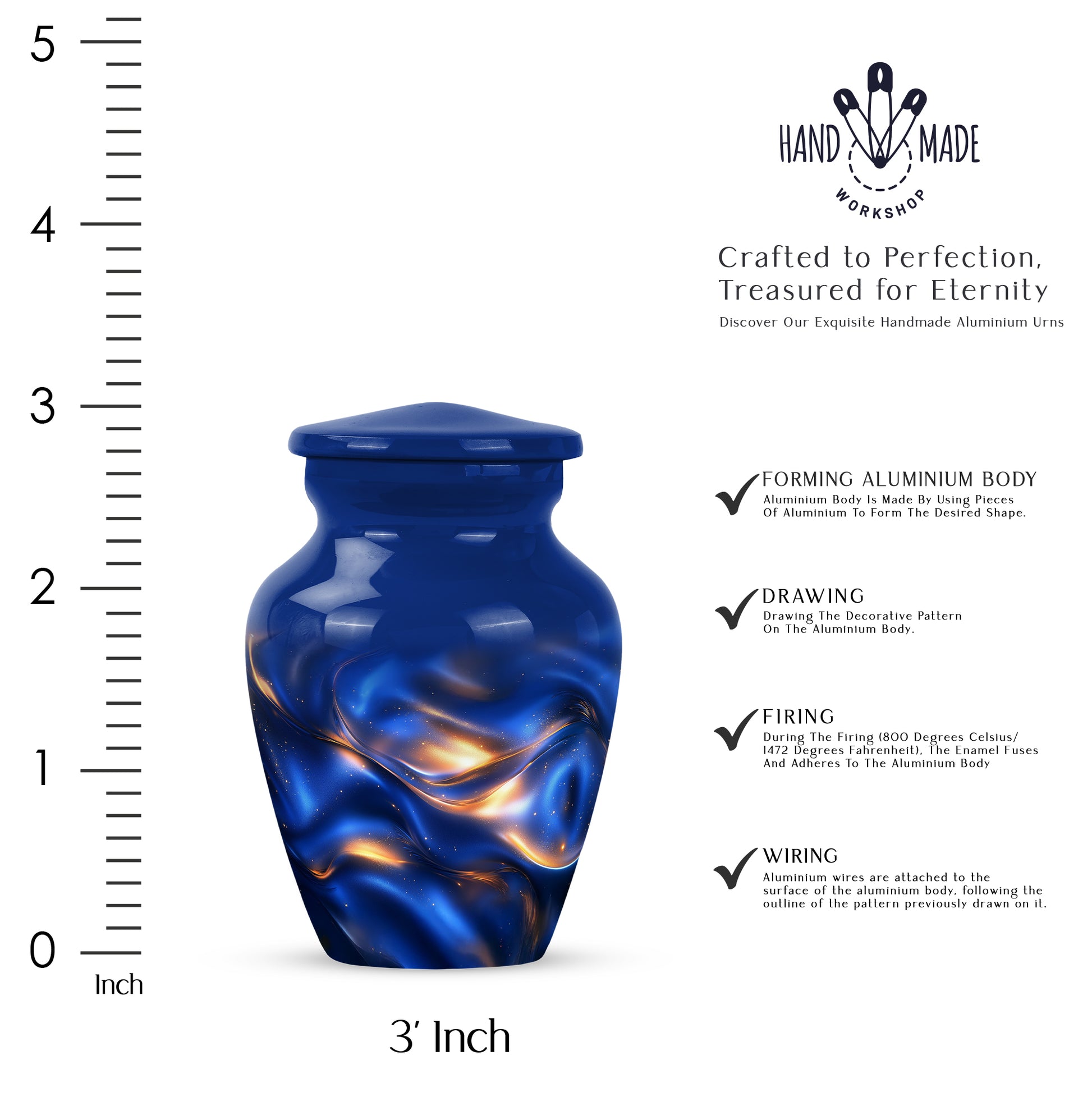 Celestial Blue Blue Cremation Urn close-up of engraving and surface detail - timeless blue motif etched into premium metal - mini keepsake memorial for portion of cremation ashes