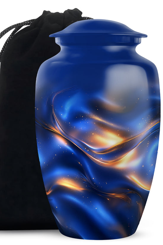 Navy Blue Blue Cremation Urn angled view of lid and engraved motif - timeless blue motif etched into premium metal - full-size 10 inch 200 cubic inch adult cremation urn