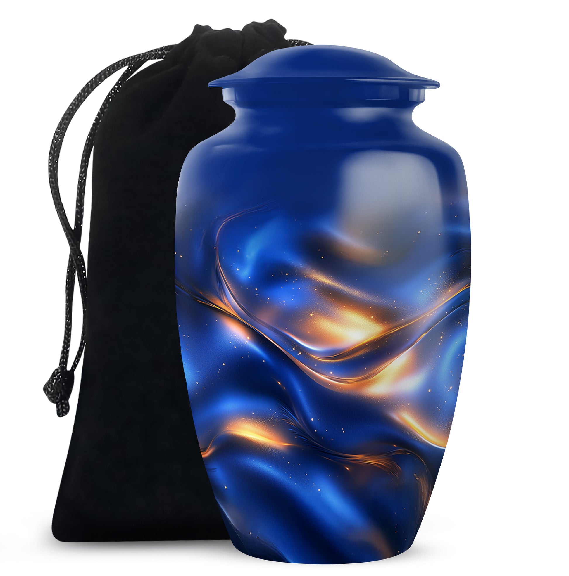 Navy Blue Blue Cremation Urn angled view of lid and engraved motif - timeless blue motif etched into premium metal - full-size 10 inch 200 cubic inch adult cremation urn