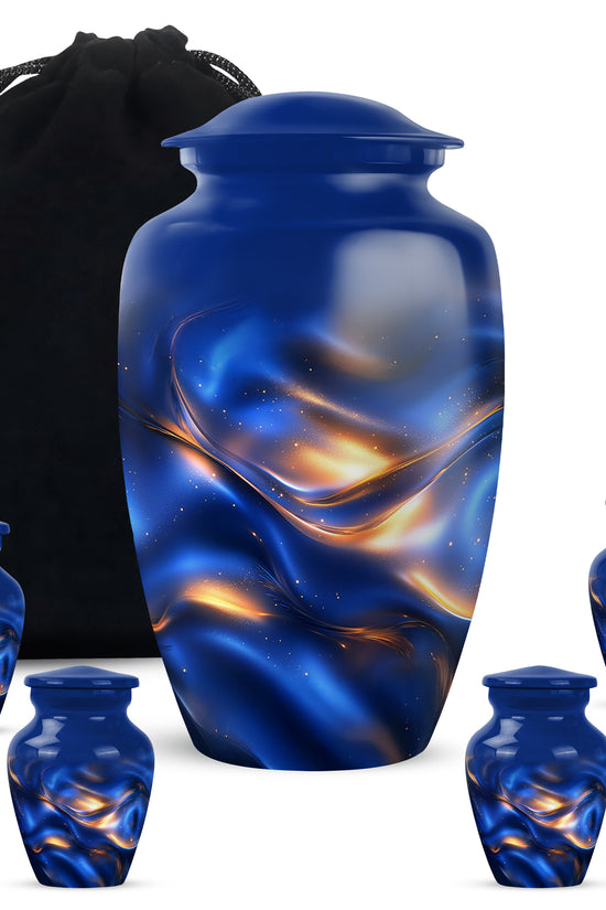 Celestial Blue Blue Cremation Urn top-down view of secure threaded lid - classic sculpted blue pattern on smooth aluminum - memorial set with one large and four small urns