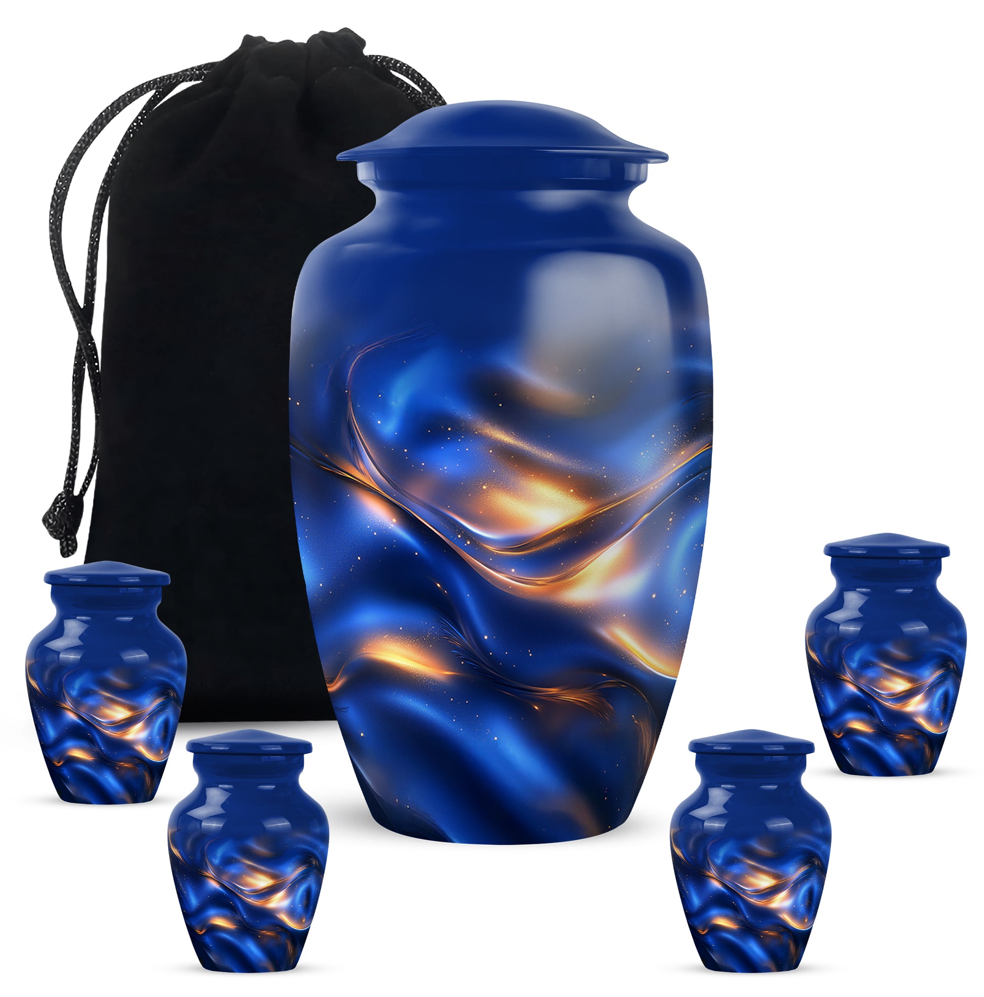 Celestial Blue Blue Cremation Urn top-down view of secure threaded lid - classic sculpted blue pattern on smooth aluminum - memorial set with one large and four small urns