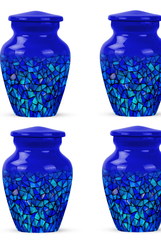 Cornflower Blue Blue Cremation Urn side profile showing urn shape - traditional blue engraving with hand-polished finish - 10 inch aluminum urn for cremated remains