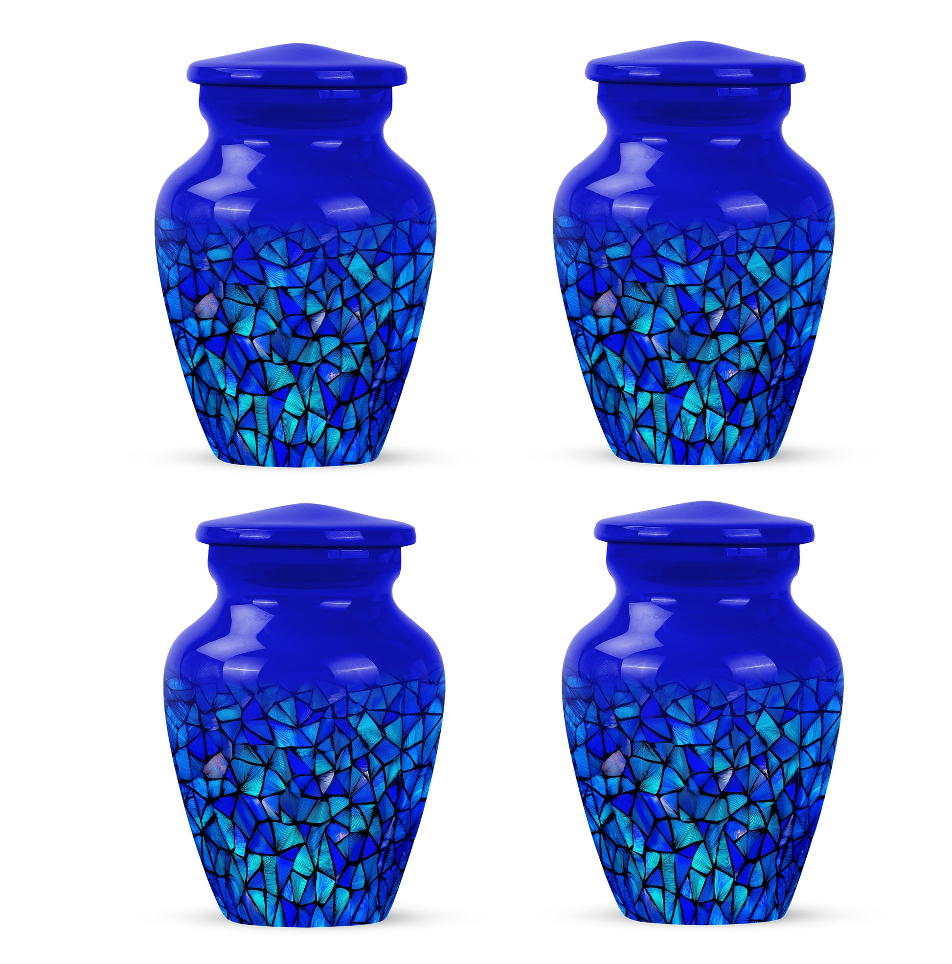 Cornflower Blue Blue Cremation Urn side profile showing urn shape - traditional blue engraving with hand-polished finish - 10 inch aluminum urn for cremated remains