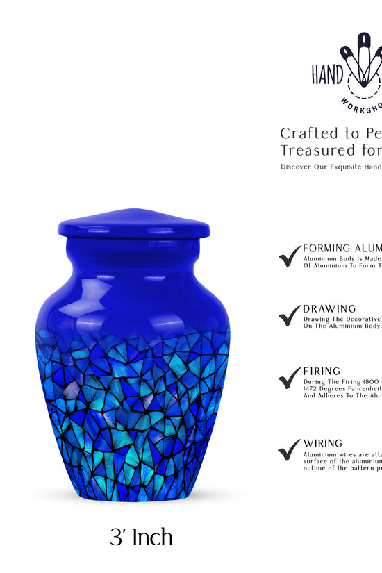 Calming Blue Blue Cremation Urn close-up of engraving and surface detail - elegant classic blue relief with fine detailing - mini keepsake memorial for portion of cremation ashes