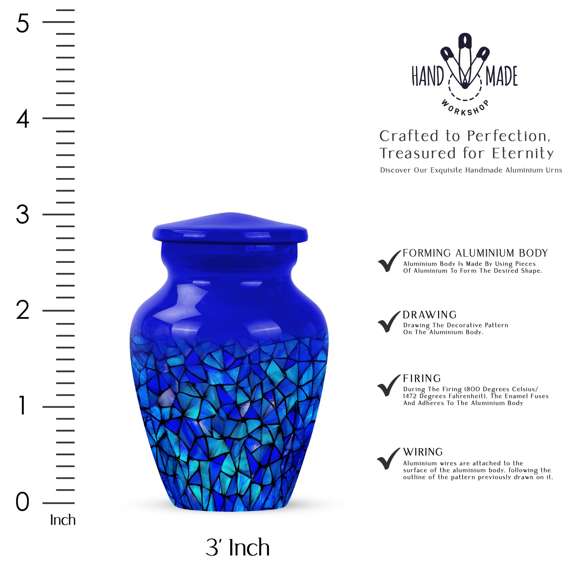 Calming Blue Blue Cremation Urn close-up of engraving and surface detail - elegant classic blue relief with fine detailing - mini keepsake memorial for portion of cremation ashes