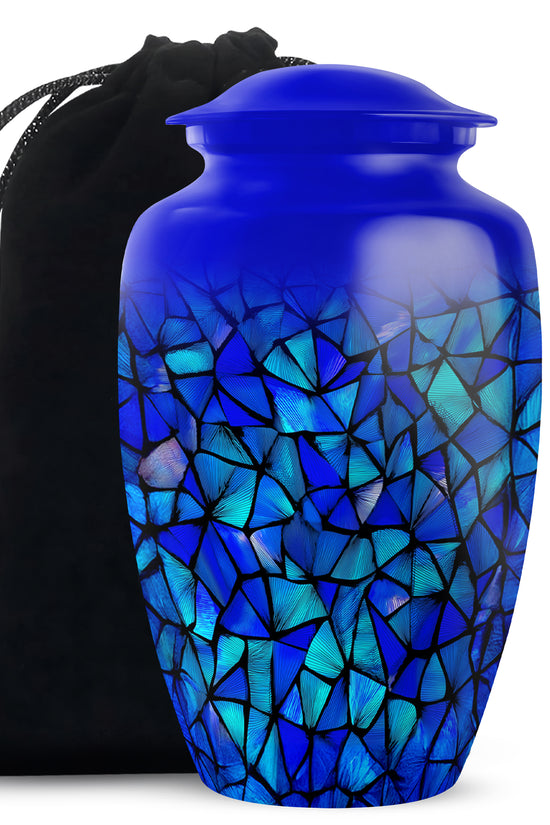 Soft Blue Blue Cremation Urn angled view of lid and engraved motif - traditional blue engraving with hand-polished finish - full-size 10 inch 200 cubic inch adult cremation urn