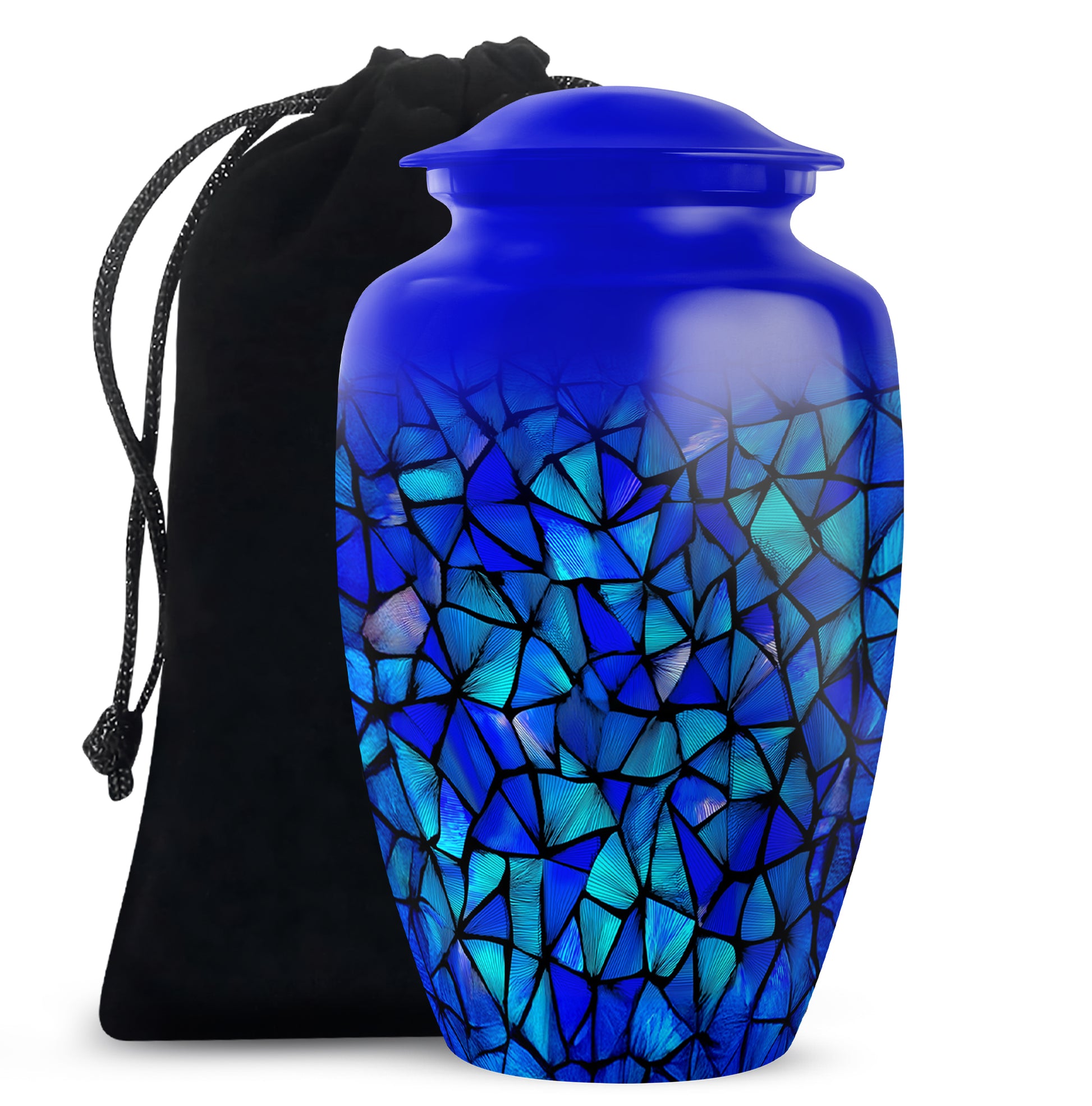 Soft Blue Blue Cremation Urn angled view of lid and engraved motif - traditional blue engraving with hand-polished finish - full-size 10 inch 200 cubic inch adult cremation urn