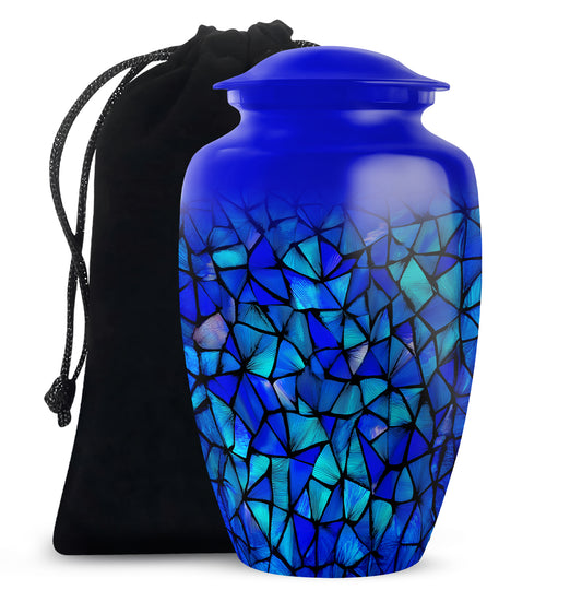 Soft Blue Blue Cremation Urn angled view of lid and engraved motif - traditional blue engraving with hand-polished finish - full-size 10 inch 200 cubic inch adult cremation urn