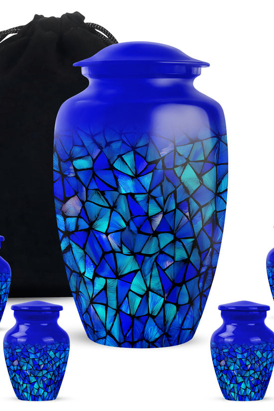 Pastel Blue Blue Cremation Urn top-down view of secure threaded lid - classic sculpted blue pattern on smooth aluminum - memorial set with one large and four small urns