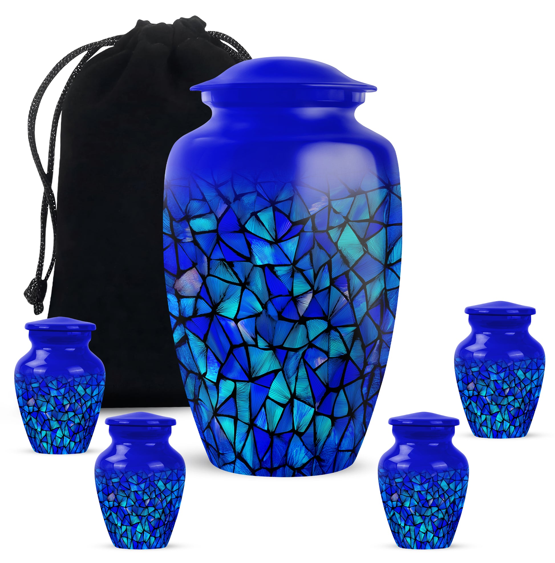 Pastel Blue Blue Cremation Urn top-down view of secure threaded lid - classic sculpted blue pattern on smooth aluminum - memorial set with one large and four small urns