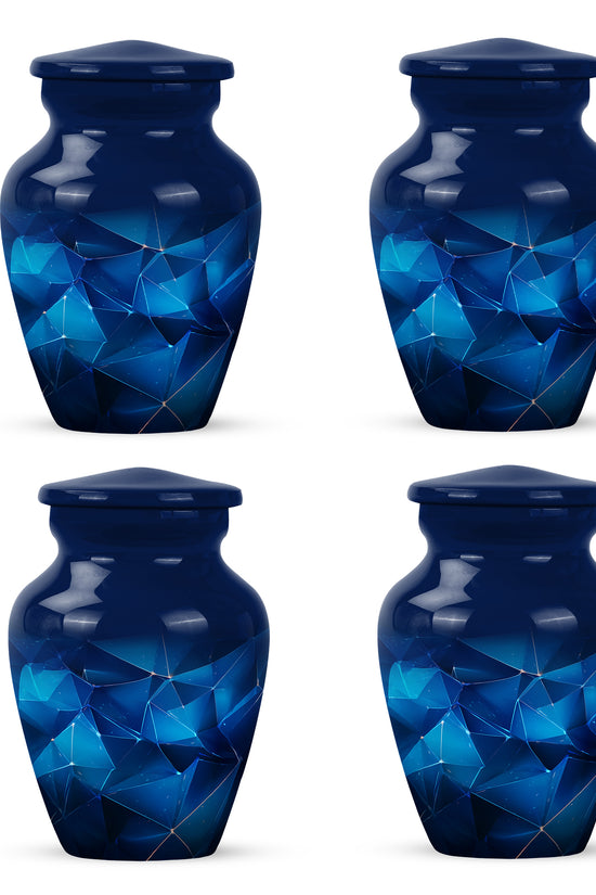 Azure Blue Cremation Urn side profile showing urn shape - timeless blue motif etched into premium metal - 10 inch aluminum urn for cremated remains