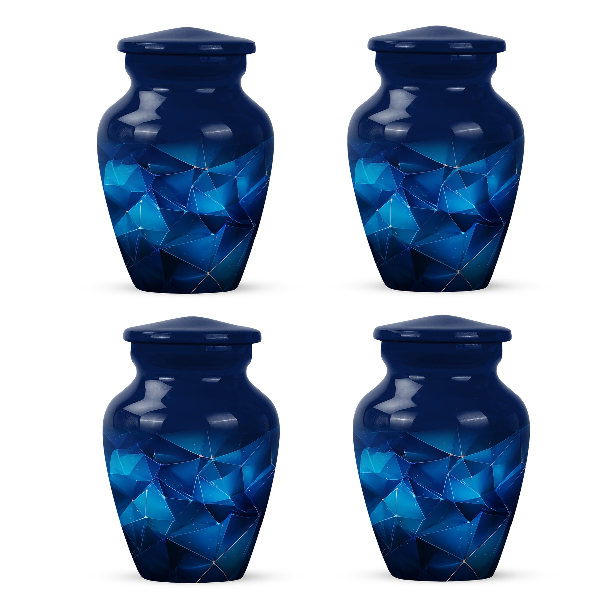 Azure Blue Cremation Urn side profile showing urn shape - timeless blue motif etched into premium metal - 10 inch aluminum urn for cremated remains